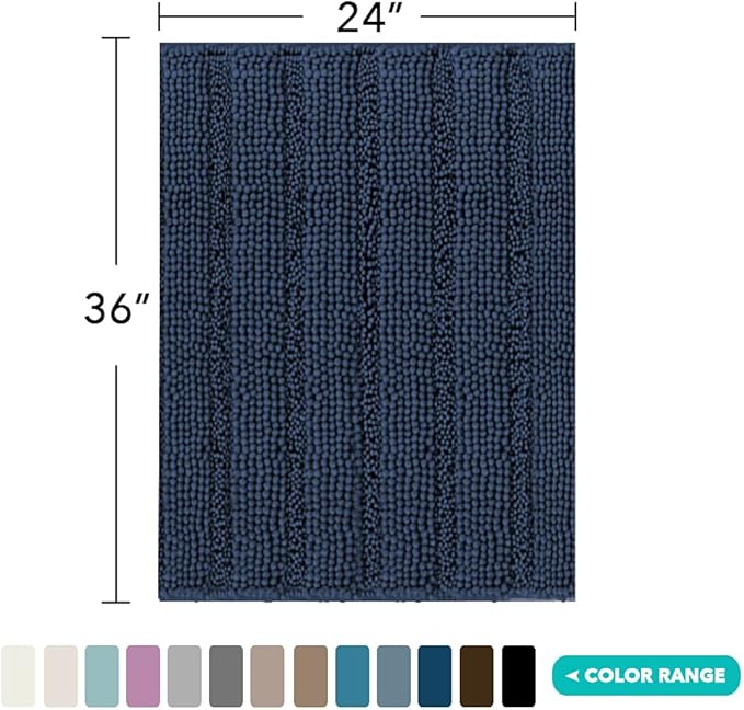 Turquoize Chenille Bath Rug - Shaggy Non-Slip Bathroom Mat, Extra Soft and Absorbent Area Rug, 24 x 36 Inches, Navy