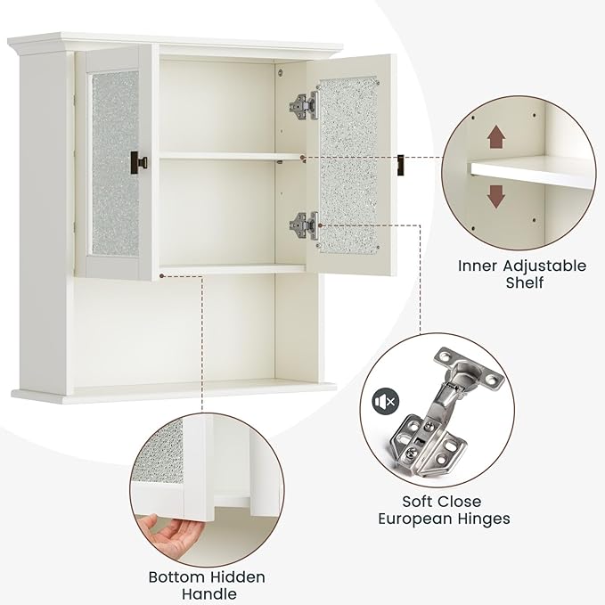 Bathroom Cabinet Wall Mount, Over Toilet Storage Cabinet with Glass Door Build-in Spirit Level Cupboard Hanging Medicine Cabinet for Bathroom Laundry Kitchen Living Room (Cream White)
