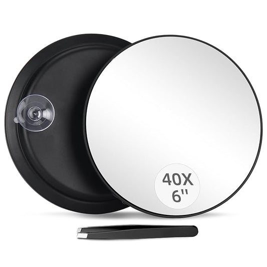 40X Magnifying Mirror with 3 Suction Cups, Magnified Makeup Mirror and Tweezers Set, Portable 6inch Travel Makeup Mirror with 40X Powerful+ Magnification for Makeup, Shaving, Blackhead Blemish Removal