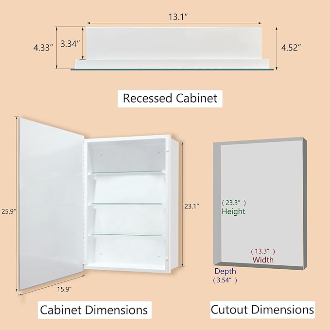 Bathroom Medicine Cabinet with Frameless Mirror, 16x26 inch Medicine Cabinet with Storage, Rectangular Beveled Frameless Mirror, Recess or Surface Mount Installation