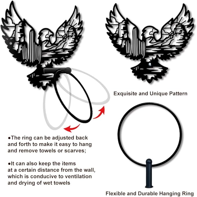 MAYJOYDIY Eagle Landscape Metal Towel Ring Desert Cactus Towel Holder Sun Mountain Range Animal Nature Scenery Black Art Towel Rack Wall Mounted for Bathroom Kitchen Home Decors Gift