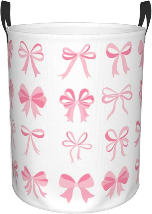 Laundry Basket Room Decor,Round Laundry Hamper Waterproof Dirty Clothes Hamper Collapsible Laundry Baskets With Handles,Toy/Clothes Storage Basket For Home Dorm Bathroom Decor (Pink Bow)