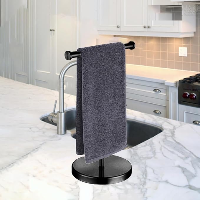 Hand Towel Holder,15 INCH T-Shape Hand Towel Holder Standing,Stainless Steel Hand Towel Rack for Bathroom Kitchen Countertop,Tower Bar for Kitchen Hand Towel Rack with Heavy Base,Black
