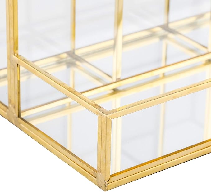 Makeup Brush Holder, Handcrafted Clear Glass Cosmetic Brushes Organizer Nordic Style Elegant Pen Pencil Holder Decoration Make up Brushes Holder with 4 Compartment for Vanity Bathroom Bedroom Office