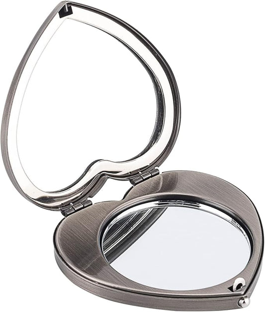 Mini Vintage Heart Elegant Metall Makeup Mirror, Portable 1X/2X Magnifier (Silver)