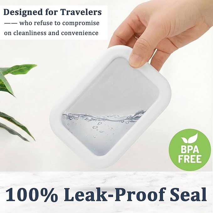 HighHerz Leak Proof Silicone Travel Soap Case with Draining Tray - Bar Soap Holder for Travel, Gym & Camping - Mess-Free Portable Soap Container for Carry-on Bags (White)