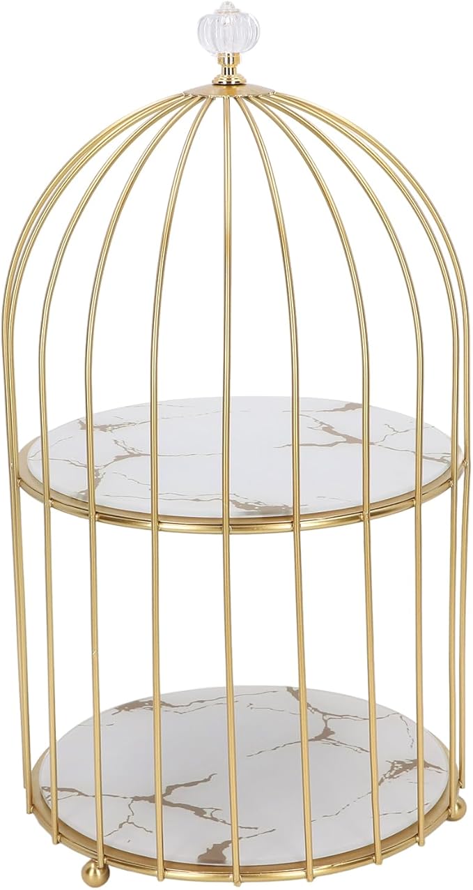 Double Layer Storage Shelf, Bird Cage Organizer Display Rack with Sturdy Metal Glass Frame, for Bathroom Countertop Dressing Table (White Base Gold Pattern)
