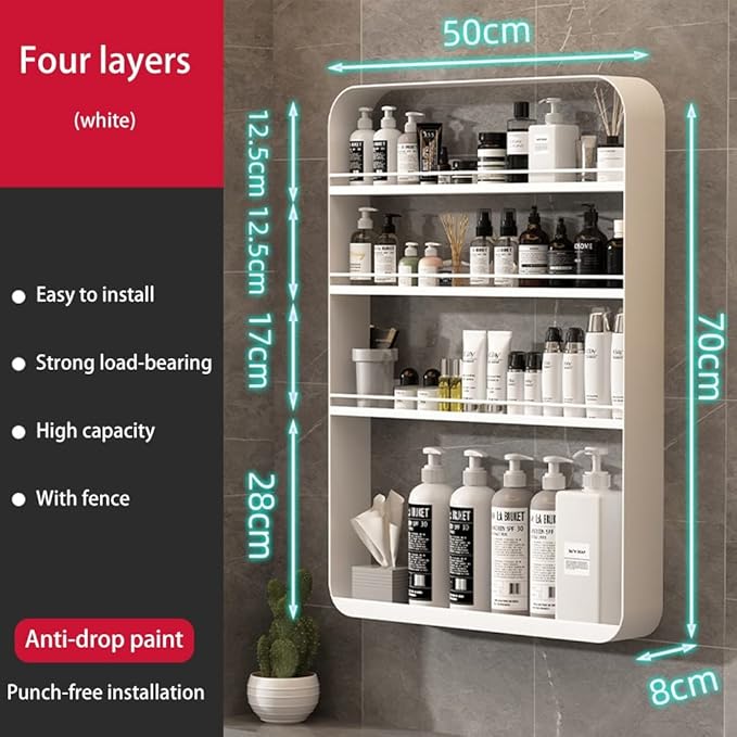 Punch- Bathroom Shelf, Wall-Mounted Makeup Organizer, Cosmetic Storage Rack, Multi-Layer Large Capacity, 10kg Load-Bearing,White-50 * 70cm