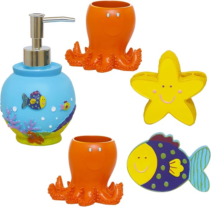 Decorative Bathroom Accessories Set, Vanity Organizers Including 2 Octopus Tumblers, 1 Clownfish Soap Dish, 1 Starfish Toothrush Holder and 1 Ocean Soap Dispenser