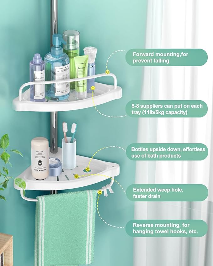 4 Layer Corner Shower Caddy, Stainless Steel Constant Tension Pole Shower Organizer, Adjustable Corner Shower Shelf, Rustproof 3.3 to 9.8 ft