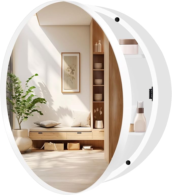 24 Inch Round Medicine Cabinet with Mirror, White Bathroom Medicine Cabinet for Wall Metal Framed, Surface Mount Only Circular Storage Cabinet with Vanity Mirror