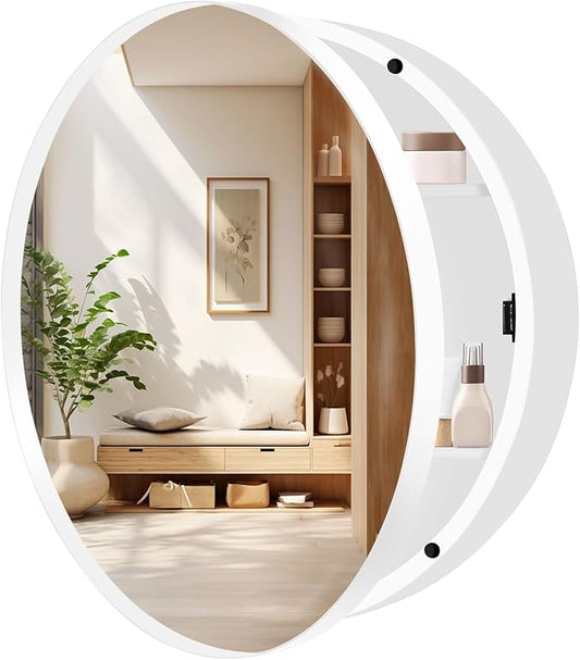 24 Inch Round Medicine Cabinet with Mirror, White Bathroom Medicine Cabinet for Wall Metal Framed, Surface Mount Only Circular Storage Cabinet with Vanity Mirror