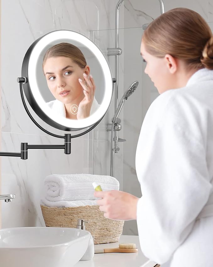 Benbilry 9" Large Wall Mounted Lighted Makeup Mirror, 1X/10X Magnifying 2-Sided AC Plug-in Powered Bathroom Mirror with 3 Color Lights, Touch Dimmable, Extended Arm 360° Rotation, 【Black】
