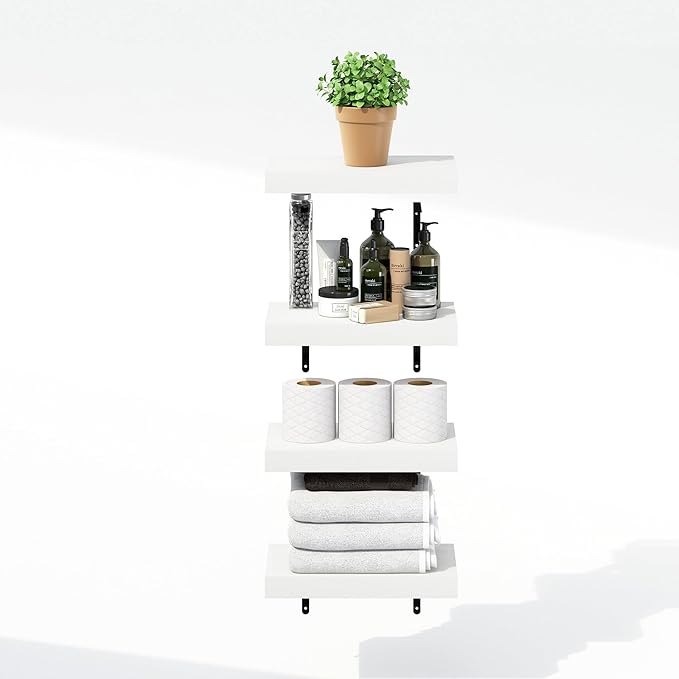 Furinno Tanna Floating Shelves for Wall Set of 4, 15-Inch Bathroom Wall Shelf, Wall Mounted Shelf, for Bathroom Organizers and Storage, Living Room, White Texture