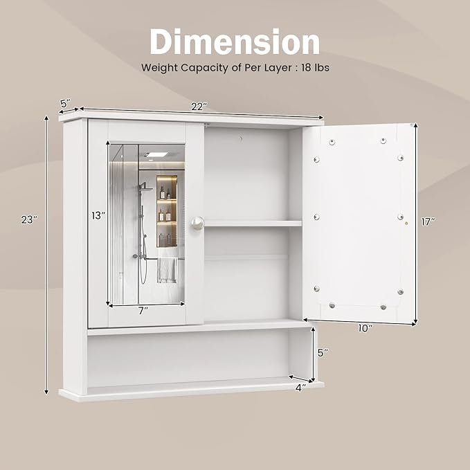 COSTWAY Bathroom Cabinet Wall Mount, Wooden Medicine Cabinet with 2 Mirror Doors, Adjustable Shelf, Open Compartment, for Laundry, Living Room, Kitchen, White