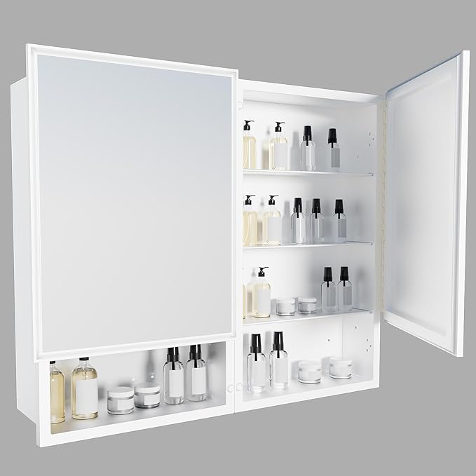 32 x 26 Inches Bathroom Medicine Cabinet with Mirror, Double Door Wall Mounted Mirror Cabinet, Surface or Recessed Mount White Bathroom Storage Cabinet