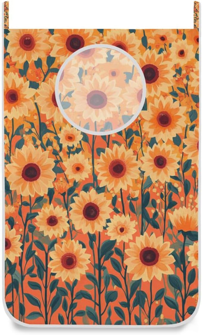Orange Sunflowers and Poppy Flowers Door Hanging Laundry Hamper Bag with Free Adjustable Stainless Steel Hooks Dirty Clothes Hamper Extra Large Over the Door Laundry Hamper 29.5X20inch 1 PCS