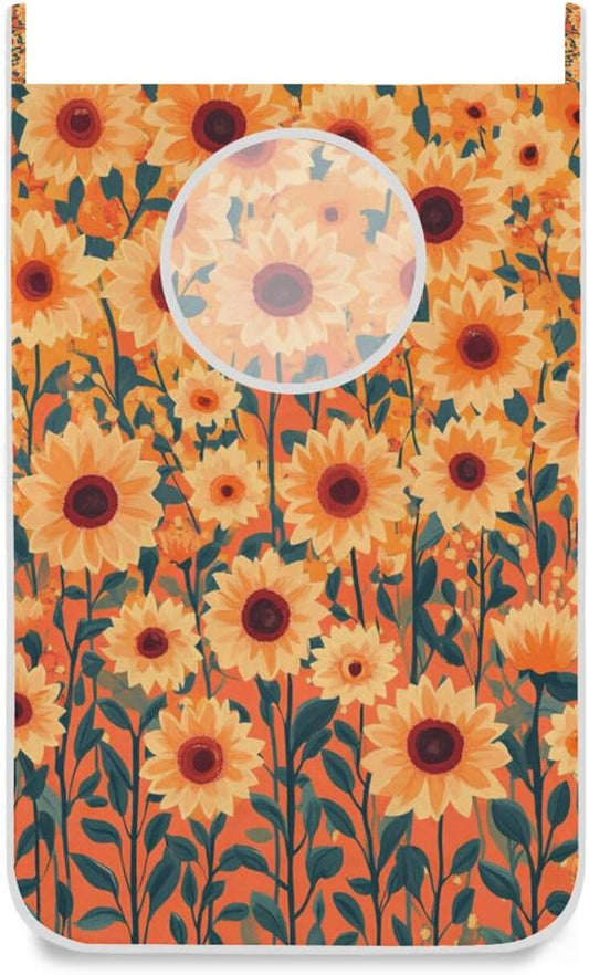 Orange Sunflowers and Poppy Flowers Door Hanging Laundry Hamper Bag with Free Adjustable Stainless Steel Hooks Dirty Clothes Hamper Extra Large Over the Door Laundry Hamper 29.5X20inch 1 PCS
