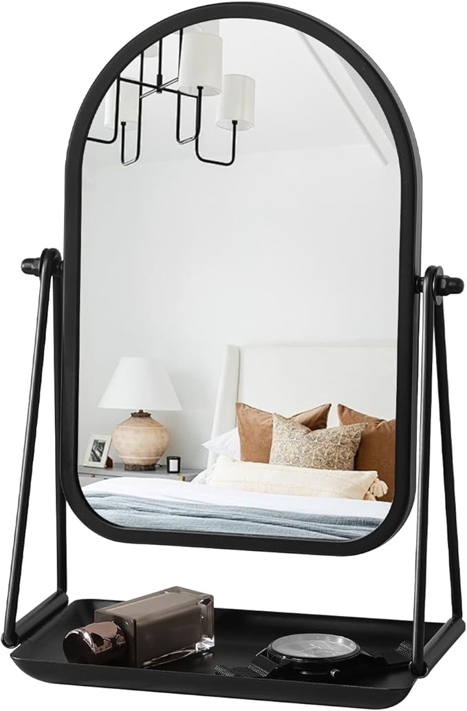 Desk Table Mirror Black Arch Desktop Vanity Mirror Iron Frame Make up Mirrors with 360 Degree Swivel Countertop Mirrors for Dressing Room Bathroom Bedroom Apartment