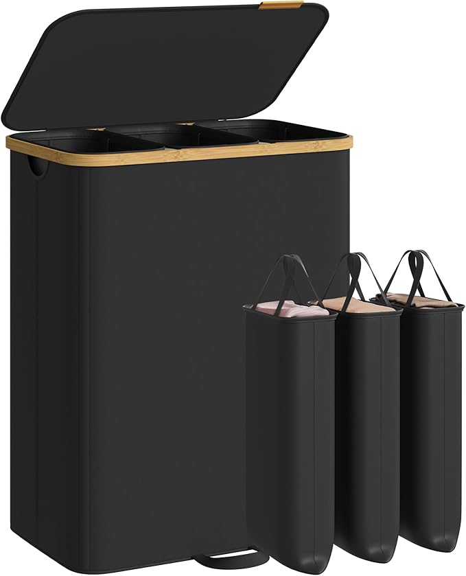 SONGMICS Laundry Hamper, Laundry Sorter with Lid, Storage Basket Bin, Removable Liners, Bamboo Frame, for Bedroom, 3 Sections, 44.9 Gal. (170 L), Ink Black ULCB533BH01