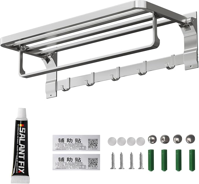 Foldable Towel Rack Wall Mounted, 23 Inch Rustproof Aluminum Bathroom Towel Shelf with Towel Bar & 5 Hooks, Space Saving Towel Storage Organizer for Bathroom Kitchen Laundry Room, Silver