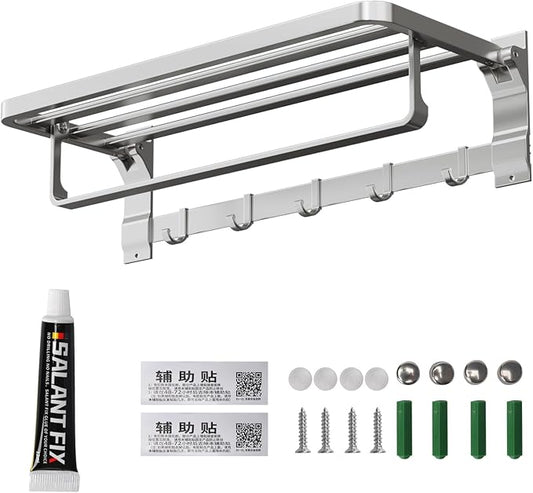 Foldable Towel Rack Wall Mounted, 23 Inch Rustproof Aluminum Bathroom Towel Shelf with Towel Bar & 5 Hooks, Space Saving Towel Storage Organizer for Bathroom Kitchen Laundry Room, Silver