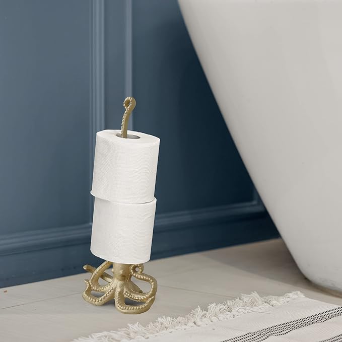 WallCharmers Gold Paper Towel Holder, Metal Toilet or Kitchen Paper Holder for Floor or Countertop, Gold Octopus