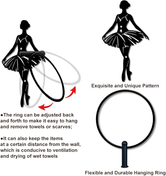 MAYJOYDIY Ballet Metal Towel Ring Round Eleglant Ballerina Hand Towel Holder Ring Hanger Black Vintage Towels Wall Organizer for Kitchen Bath Home Laundry Room Decors Gifts