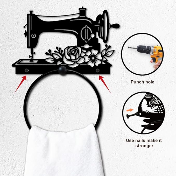 MAYJOYDIY Vintage Sewing Machine Metal Towel Ring Round Flower Hand Towel Holder Ring Hanger Wall Mount Black Vintage Towels Wall Organizer for Kitchen Bath Home Laundry Room Decors Gifts