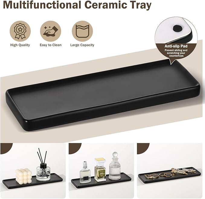 Shinowa Glass Bathroom Accessories Set, 5 Piece Luxury Bathroom Set with Soap Dispenser, Toothbrush Holder, Qtip Holder with Lid, Soap Dish & Tray, Modern Vanity Countertop Organizer, Brown + Black