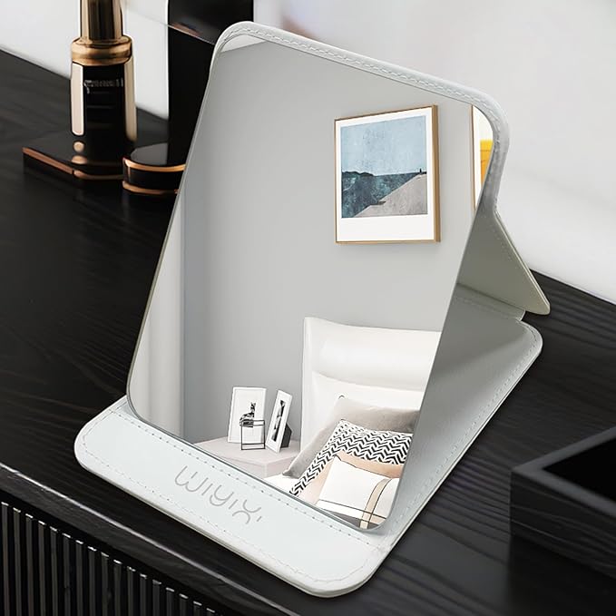 Foldable Travel Makeup Mirror, Adjustable Angle Portable Standing Vanity Mirror, Compact PU Leather Design for Home/Camping/Desktop Use,Elegant White(8.4"x6")