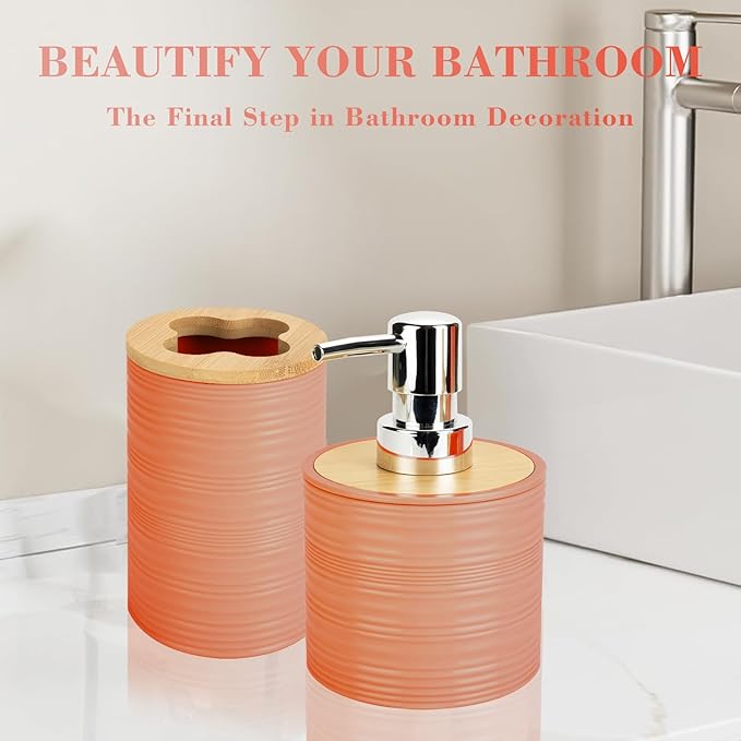 2 PCS Orange Bathroom Accessories Set, Soap Dispenser and Toothbrush Holder Set, Plastics & Bamboo Bathroom Set, Bohemian Style Bathroom Sink Set