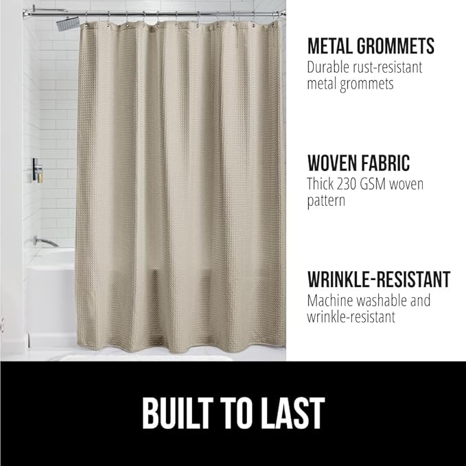GORILLA GRIP Waffle Shower Curtain, Thick Weighted Fabric, 72x78, Wrinkle and Rust Resistant, Classic Hotel Quality Design, Heavy Duty Long Curtains for Bathroom Showers, Bath Tubs, Machine Wash Beige