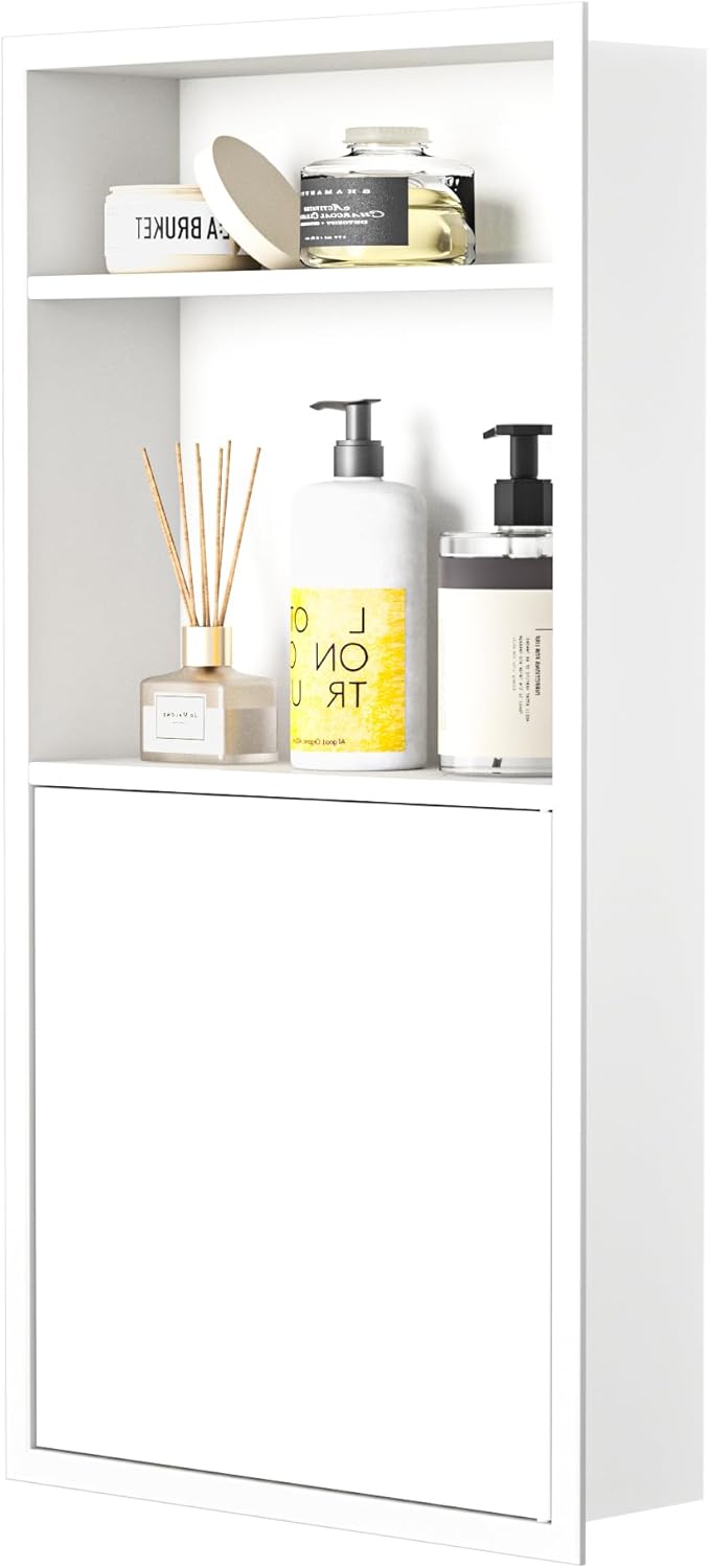 Recessed Medicine Cabinet with Door 24" X 12" White Wall Medicine Cabinets with 3-Tier Shelf 304 Stainless Steel Niche Shower for Bathroom Storage
