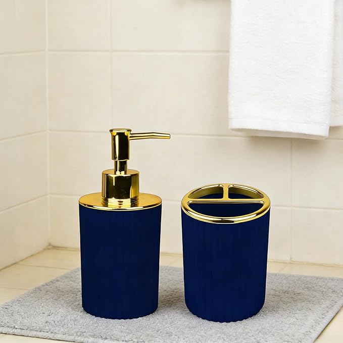 Bathroom Accessories Set, 2-Piece Navy Blue & Gold Soap Dispenser & Toothbrush Holder, Modern ABS Vanity Organizer for Countertop, Minimalist Bathroom Decor