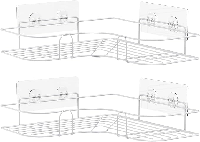Corner Shower Caddy, 2 Pack Adhesive Shower Corner Organizer Shelves, No Drilling Stainless Steel Shower Storage Rack for Bathroom, Dorm and Kitchen, White