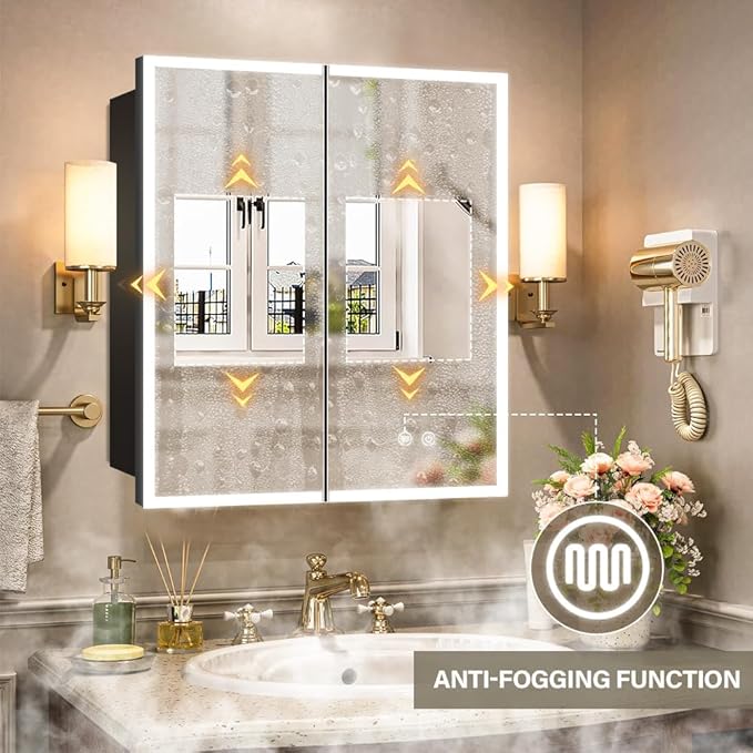 LED Medicine Cabinet,30x32inch,Recess Mirror Cabinet for Bathroom,3 Colors,Dimmable,Demister, Detachable Side Panel for Recess Mount or Surface Mount,USB Shaver Socket, Internal Lighting