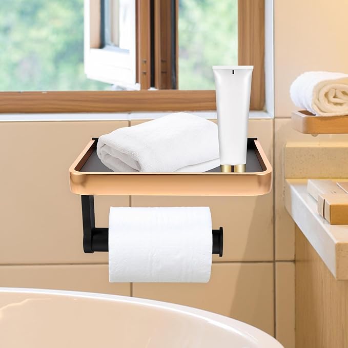 FRCOLOR Bathroom Storage Shelf Wall Mounted No-Drill Space-Saving Toilet Paper Holder with Phone Stand One-Layer Rack for Small Items Organizer