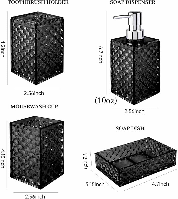 Bathroom Accessory Set, Grid Pattern 4 Pcs Plastic Bathroom Set Include Soap Dispenser, Soap Dish, Toothbrush Holder, Mousewash Cup, Modern Bahtroom D??cor Set, Space Save for Bathroom(Black)