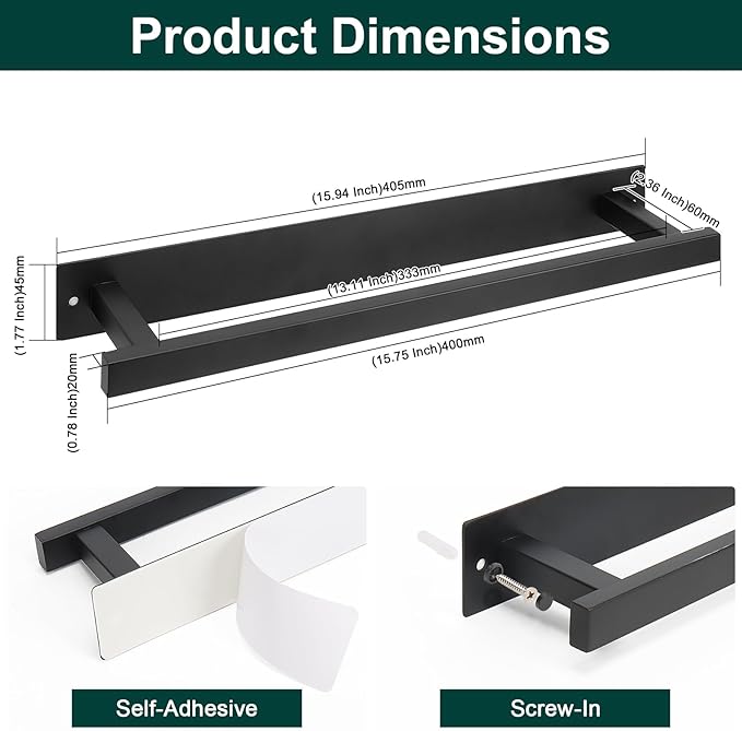 Self Adhesive Towel Bar, 16 Inch Square Towel Racks for Bathroom Wall Mounted SUS304 Stainless Steel Towel Hanger for Kitchen, No Drill or Screw-Mounted Towel Holder (Matte Black)