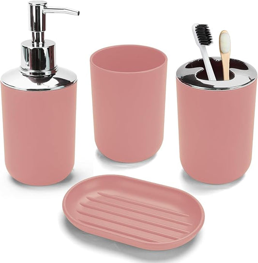 4 Pcs Pink Bathroom Accessories Set,Bohemian Bathroom Toothbrush Holder Set.Include Soap Dispenser, Soap Dish, Toothbrush Holder, Mouthwash Cup, Modern Bahtroom Decor Set