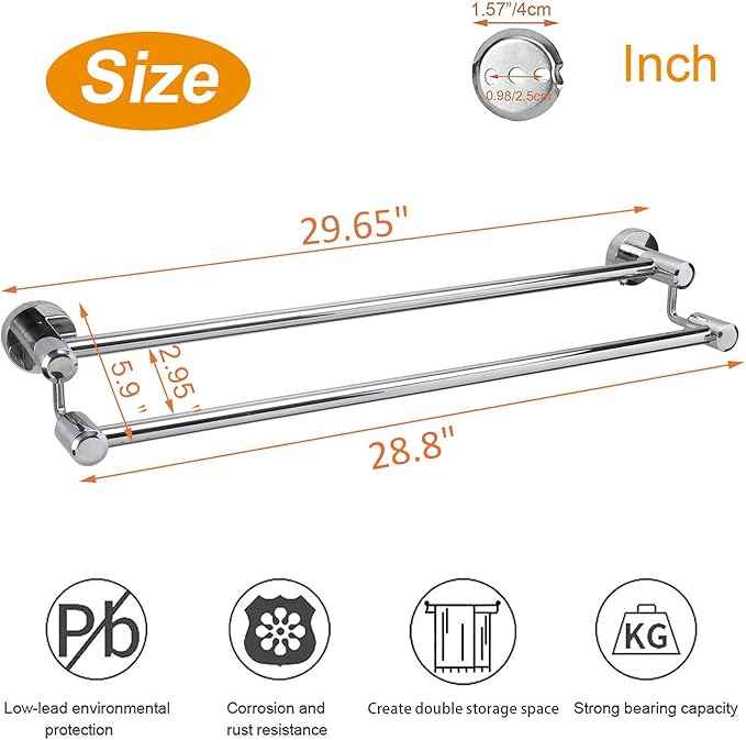 TocTen Double Bath Towel Bar - Thicken SUS304 Stainless Steel Towel Rack for Bathroom, Bathroom Accessories Double Towel Rod Heavy Duty Wall Mounted Towel Holder (Chrome, 30IN)