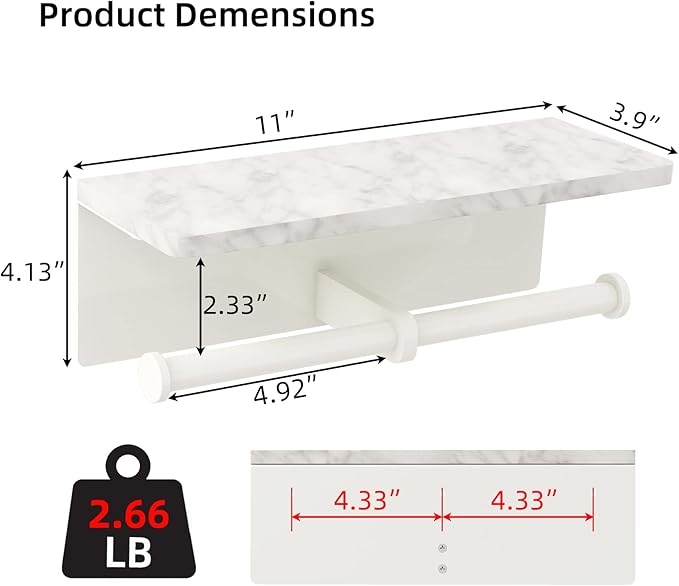 White Toilet Paper Holder with Shelf, New Upgrade Double Toilet Paper Holder with Storage, Marble Roll Toilet Paper Wall Mount for Bathroom Washroom