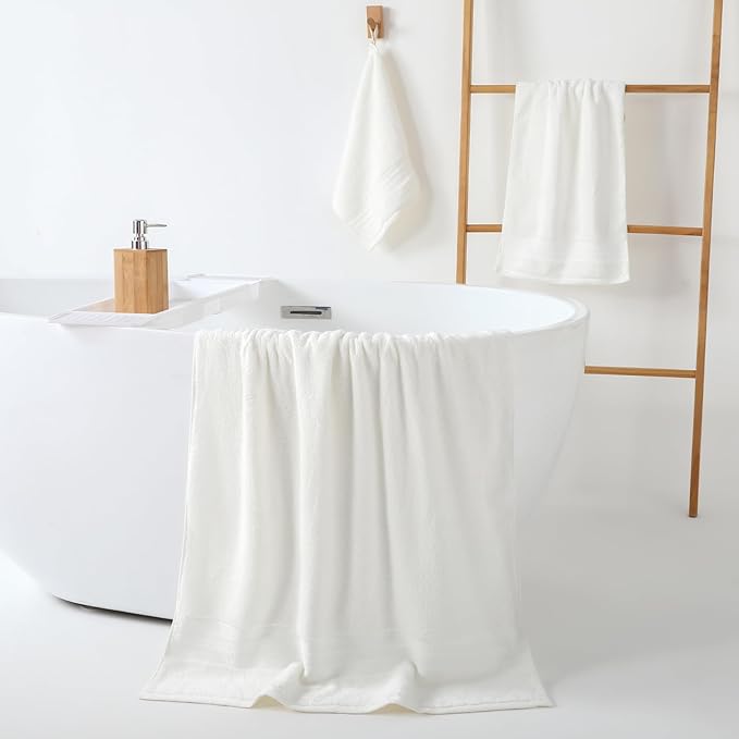 REDKISS 8 Piece Off White Towels Set - 100% Cotton Towels Set with 2 Large Bath Towels, 2 Hand, 4 Washcloths, 600 GSM Highly Absorbent Bath Towel Sets, Cream Quick Dry Shower Towel for Family Gym