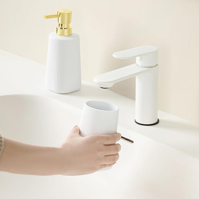 YAUKPH Bathroom Accessories Set 2 Piece Soap Dispenser and Toothbrush Holder for Bathroom Countertop Striped White and Gold