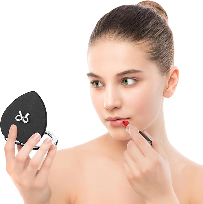Qianyu Compact Folding Heart Shaped Double-Sided 1X/2X Magnifying Mini Glitter Makeup Mirror with PU Leather for Women Home, Office and Travel (Silver)