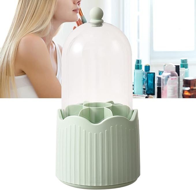 Makeup Brush Holder Organizer with Lid, Cosmetic Tools Organizer 360 Rotating Make up Brushes Storage for Vanity, Transparent & Dustproof (Mint Green)