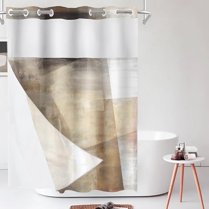 Shrahala Brown Abstract Art No Hooks Shower Curtain with Snap in Liner Set, Beige Painting Bathroom Décor Polyester Fiber Waterproof for Stall Bathtubs 54 X 80 in