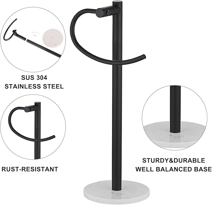 Modern Hand Towel Holder Stand, Freestanding Design with Marble Base,Good Decorating and Using in Bathroom or Kitchen to hange Hand Towel on Vanity countertop,Towel Rack (Black)