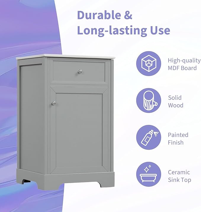 20 in Small Bathroom Vanity with Sink,Soft Closing Door and Adjustable Shelf, Solid Wood Frame & MDF Modern Single Bathroom Sink Cabinet,Freestanding (Grey)